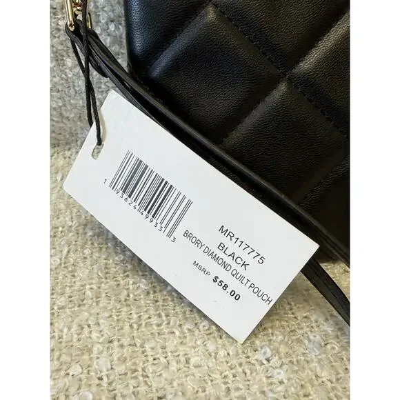 STEVE MADDEN DIAMOND QUILT POUCH BLACK FAUX LEATHER W GOLD TRIM-10in-7in-NWT - Picture 4 of 8